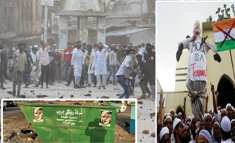 بی جے پی رہنمائوں کے گستاخانہ بیانات کے خلاف بھارتی شہر کانپور میں ہڑتال کے دوران مسلمان مظاہرین پولیس پر پتھرائو کررہے ہیں دوسری جانب بنگلا دیش میں احتجاج کے دوران مظاہرین نے ’’مودی دہشت گرد ہے ‘‘کا پتلا اٹھائے ہوئے ہیں جبکہ کویت میں کوڑے دان پر بھارتی وزیراعظم کی لعنت زدہ تصاویر آویزاں ہیں