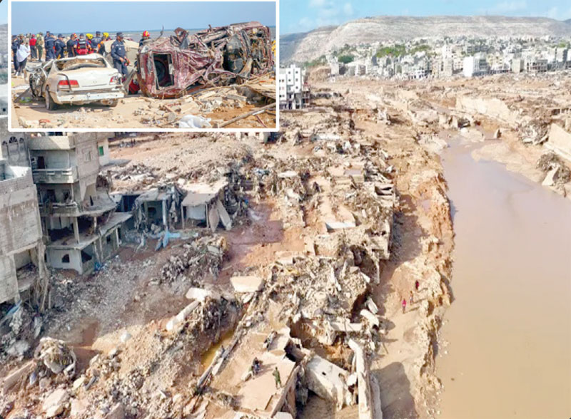 لیبیا کے شہر درنہ میں سیلاب کے باعث تباہی کا فضائی منظر