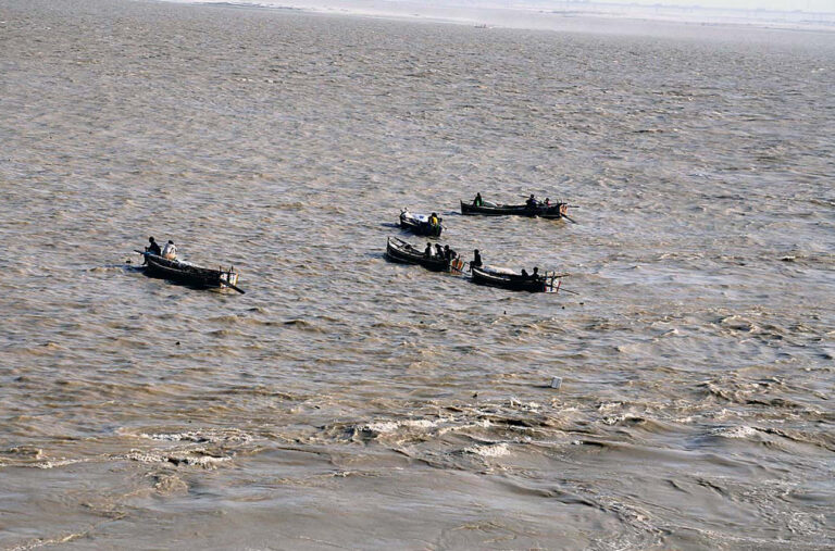 حیدرآباد: ماہی گیر دریائے سندھ میں مچھلیاں پکڑ رہے ہیں