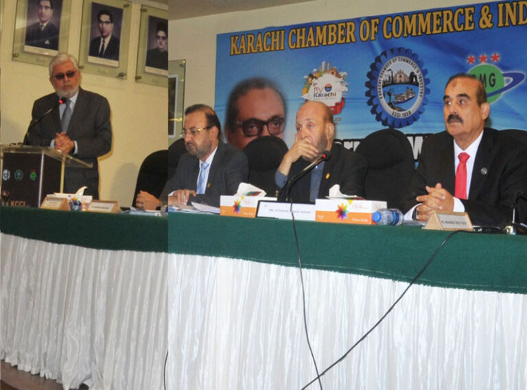 کراچی چیمبر کے سالانہ اجلاس ِ عام سے سابق صدر مجید عزیز خطاب کر رہے ہیں