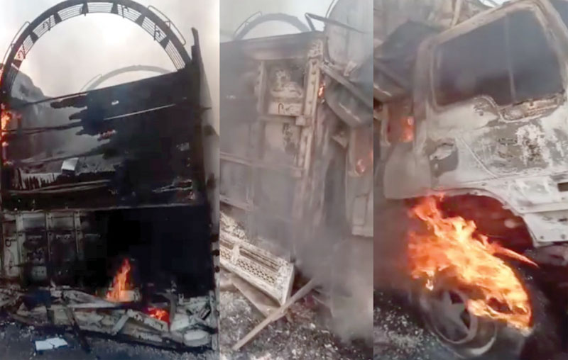 مہمند: کشمور سندھ کے مشتعل افراد کی جانب سے مہمند کے ہینو ٹرک کو آگ لگائی گئی ہے